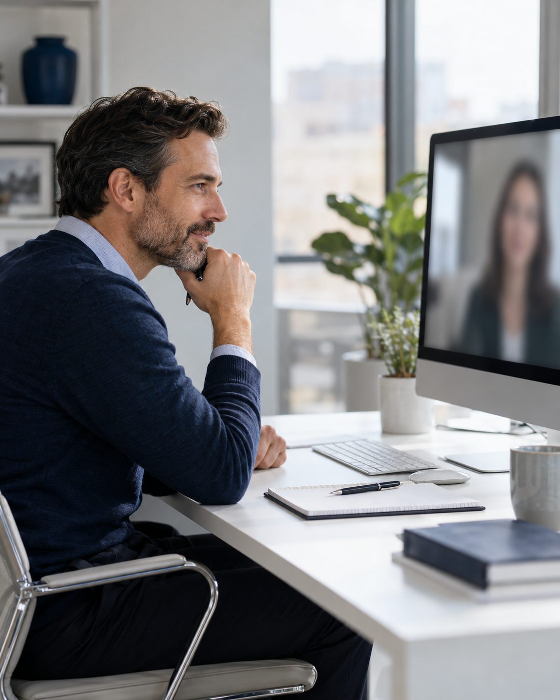 Hiring manager listening attentively during a live video interview at his office desk