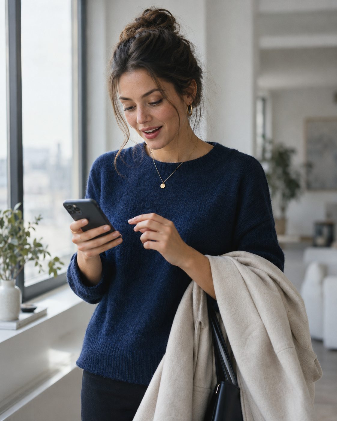 Candidate by a window smiling as an interview invitation arrives on her phone